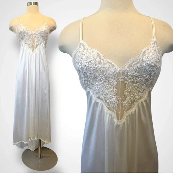 80s Victoria’s Secret Silky Nylon White Lace Vintage Bridal Maxi Gown Slip Dress - Picture 8 of 9